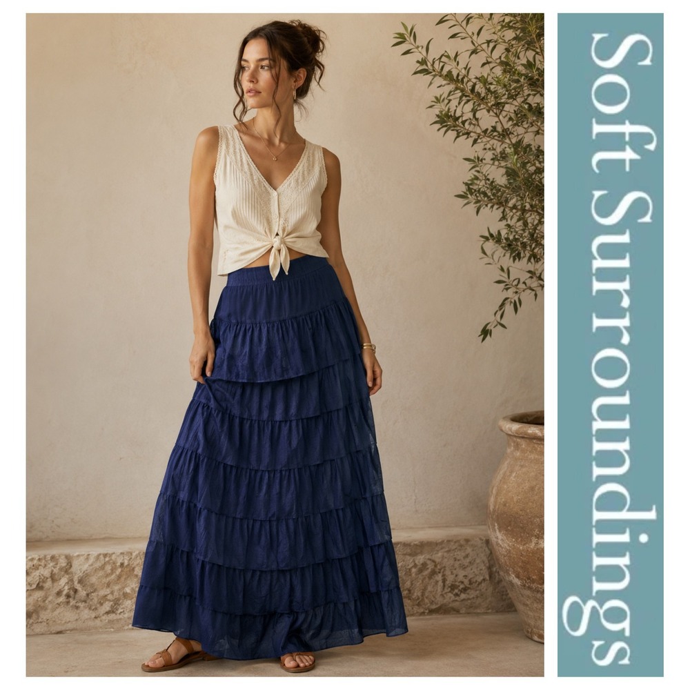 Soft Surroundings Navy Blue Faux Suede Tiered Ruffle Boho Western Maxi Skirt M